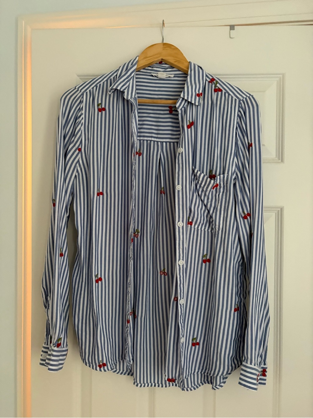 Blue & White Striped Button-Down Shirt with Cherry Embroidery - Women's